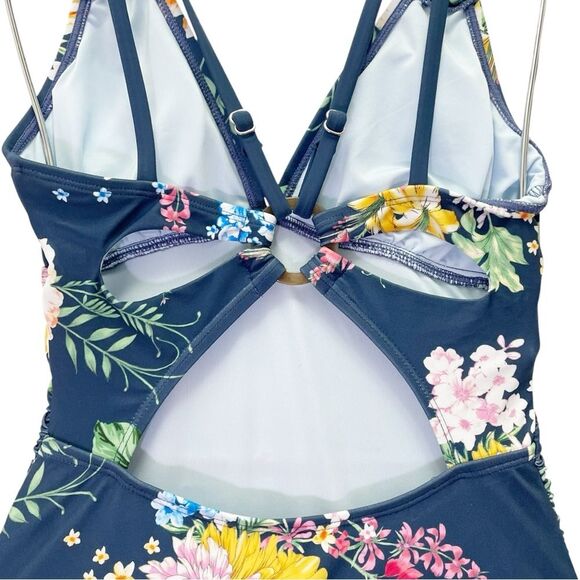 NWT Cupshe Tropical Floral Cutout One Piece Swimsuit Navy Pink Yellow Size XS - Picture 8 of 15